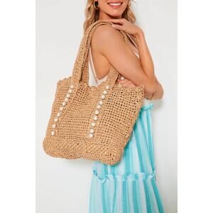 BTB Los Angeles Lisbeth Raffia Tote Bag Pearl Detail Straw Beach NWT